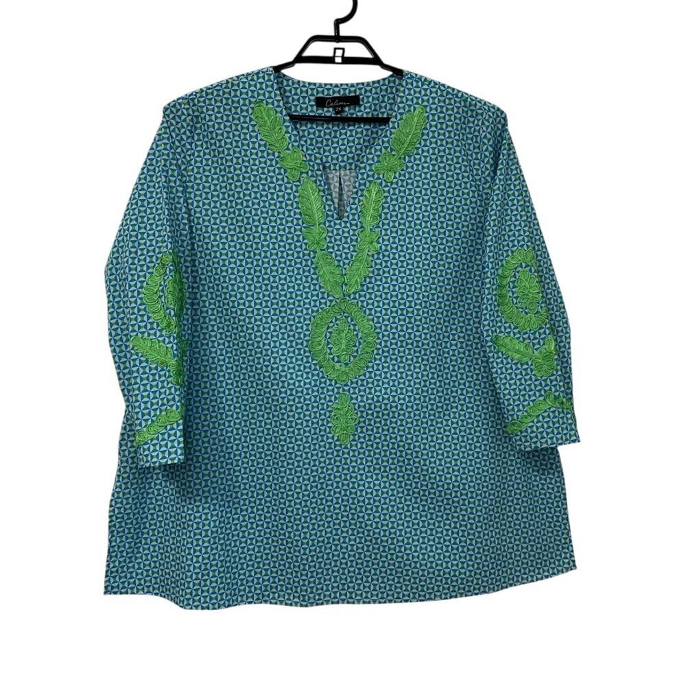 Calessa Women Geometric Tunic Top Sz 2X Print Blue Green White V Neck 3/4 Sleeve